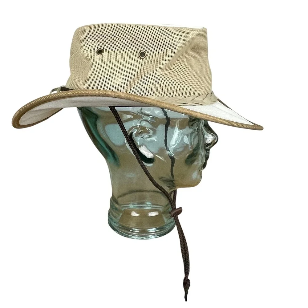 Barmah 1057 Canvas Drover Hat Mens L UV Protection Beige Mesh Outback Safari USA